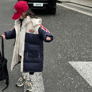 儿童2024新款长款过膝羽绒棉服洋气韩版时髦拼色棉袄宝宝中大童潮