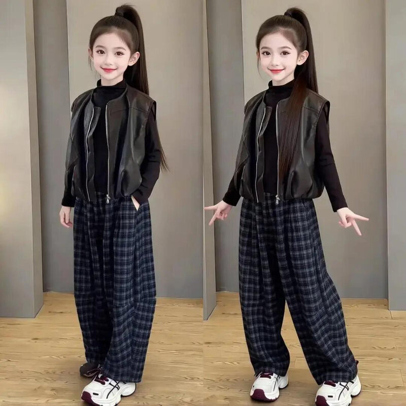 女童新款秋季2026套装春秋韩版外穿宽松皮马甲打底衫裤子三件套潮图片