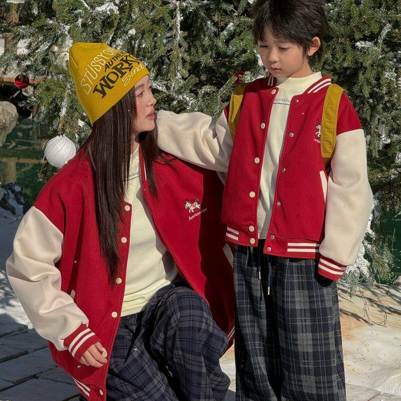 马年亲子装外套一家三口2026新款新年过年保暖秋冬母子母女棒球服