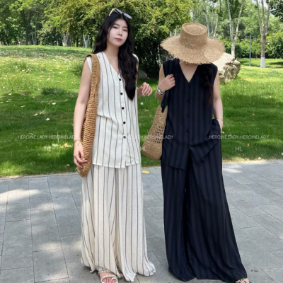 【理想套装】HL棉绸夏季显瘦休闲气质慵懒背心老钱风阔腿裤套装