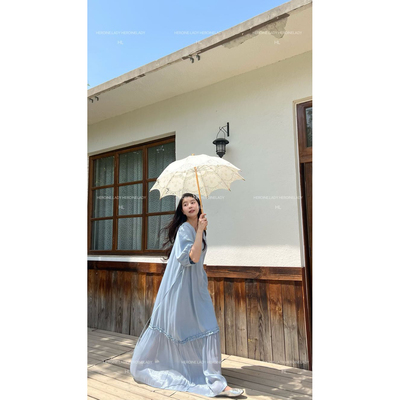 【爱是一道光】HL棉绸气质法式V领优雅流光显瘦长款短袖连衣裙