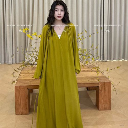 【美好】HL棉绸春夏气质慵懒舒适宽松显瘦V领长袖高级长款连衣裙