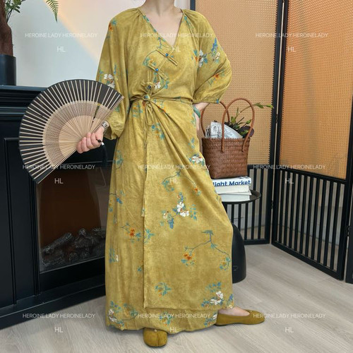 【夏夜梦令】HL棉绸夏季交叉裹系新中式连衣裙宽松长款连衣裙短袖