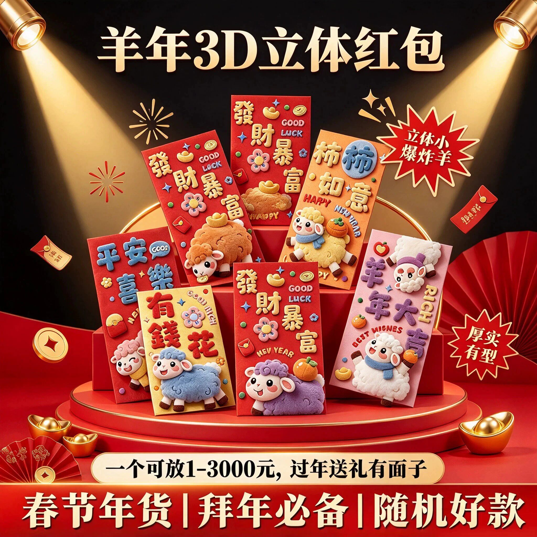 2027新年红包袋3D立体羊年卡通小羊利是封儿童压岁包春节过年创意