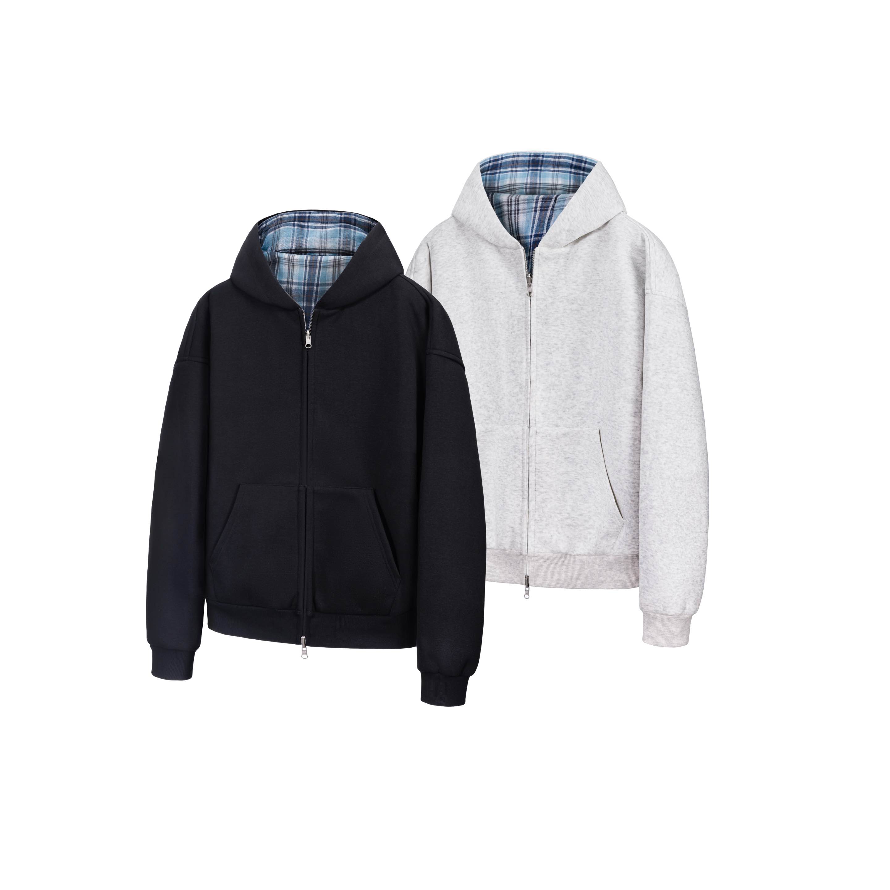 TuM 2025SS初秋双面穿精选磨毛感蓝格纹拉链连帽卫衣短宽开衫外套