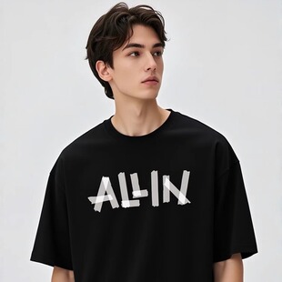 布懒德扑ALLIN战袍巴黎家胶带风短袖纯棉德州扑克夏季男黑T恤衣服
