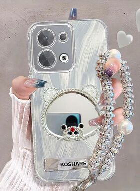 适用opporeno9手机壳PHM110补妆镜子reno9pro+带镜头膜PGW110保护套0pp0ren09pr0卡通女PGX110全包防摔5g新款