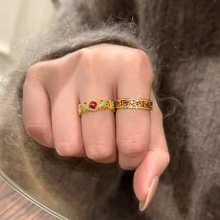 新中式宫廷风戒指女国风故宫配色景泰蓝珐琅彩窗花开口可调节新品