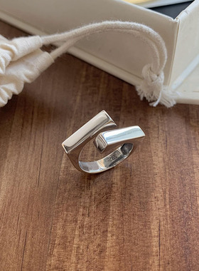 爆款交错长方块S925纯银戒指女ins高级小众冷淡风极简开口食指戒