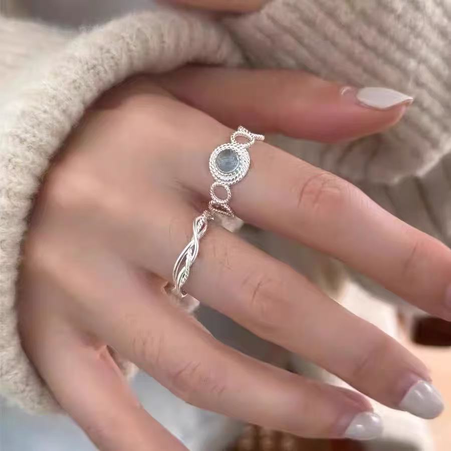 韩系韩版蓝色月光石指环戒指女开口可调节小众高级感轻奢百搭新品