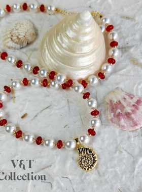 VT 张婧仪同款白色串珠海螺锁骨链 听海法式红玛瑙珍珠项链