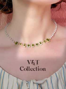 VT原创 橄榄绿锆石珍珠锁骨链 绿野仙踪轻奢小众珍珠项链