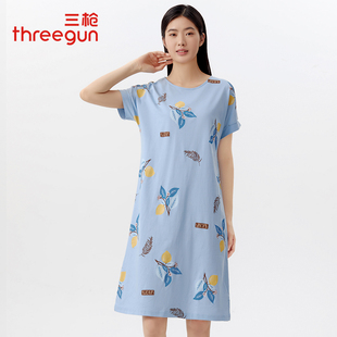 三枪睡裙女50支舒感棉排汗透气速干清爽圆领短袖印花夏季女家居裙