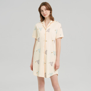 三枪50高支舒感棉吸湿排汗透气速干清爽翻领开襟短袖女家居裙睡裙