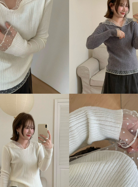 Flower & April-冬新款韩系简约气质精致波点蕾丝拼接针织衫90005