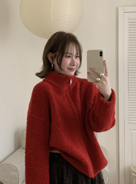 Flower & April-女士冬季宽松显瘦立领长袖纯色圈圈毛短外套90019