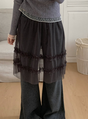 Flower & April-网纱假两件直筒裤高腰加绒屁帘毛呢休闲裤160985