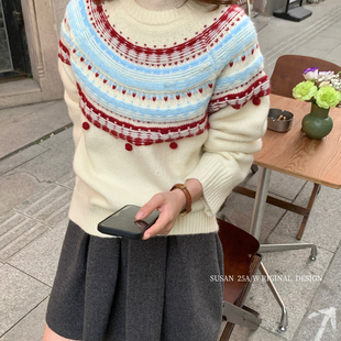 SUSAN 韩系复古温柔立体手工钩花保暖毛衣2519s