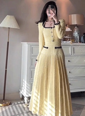 法式黄色小香风连衣裙女秋冬2024新款高级感气质富家千金名媛裙子