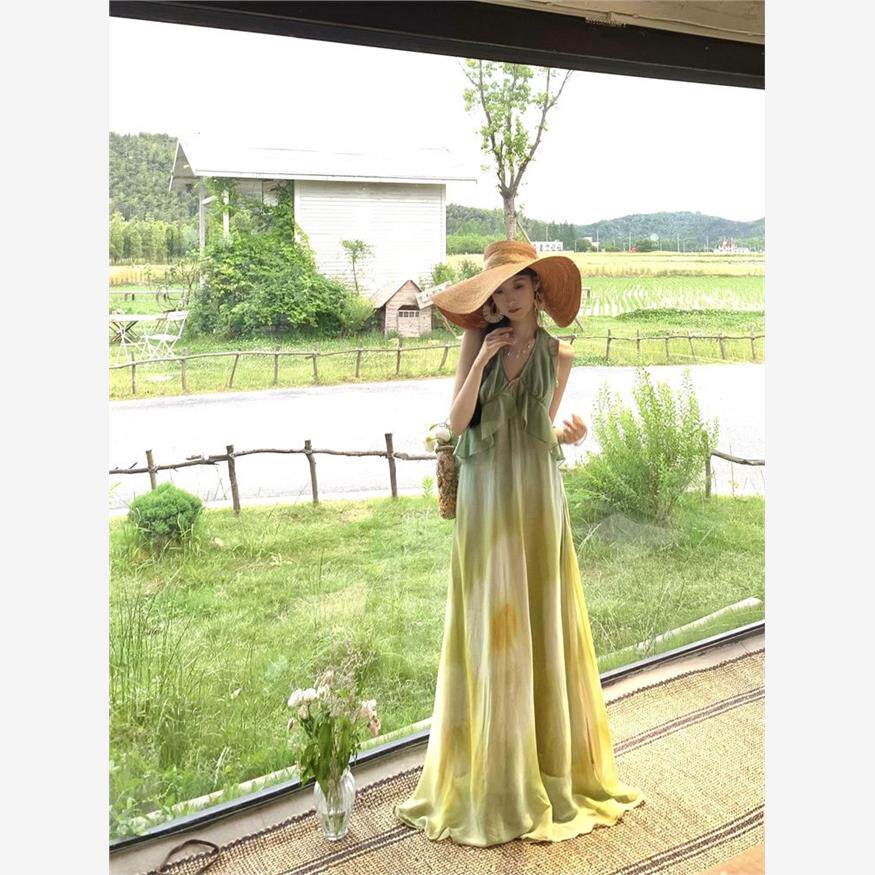 绝美渐变印花收腰荷叶边无袖连衣裙气质夏季温柔度假风显瘦长裙女