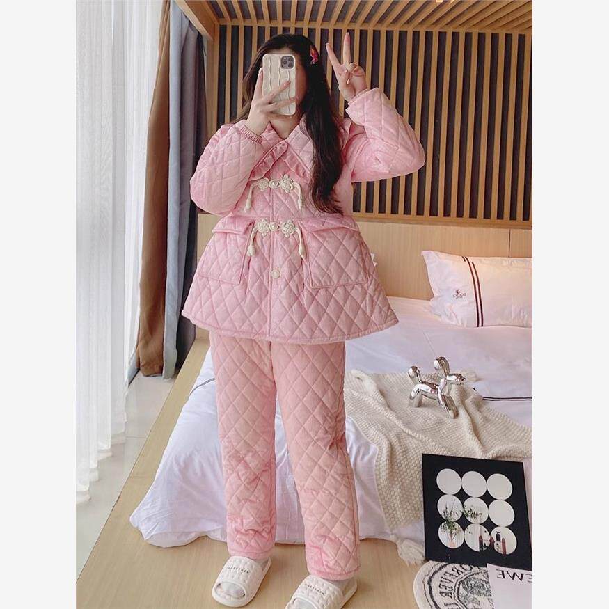 秋冬丝绒三层夹棉睡衣女