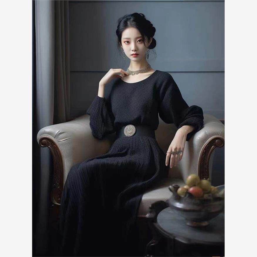 超好看黑色针织长袖连衣