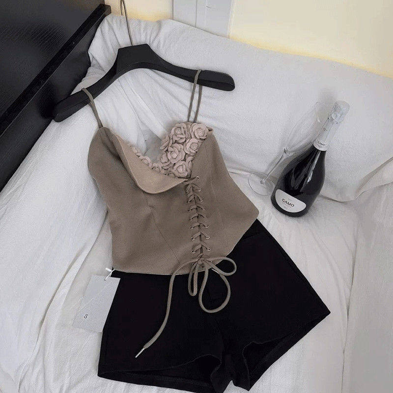 小众设计夏工装废土风立体花朵鱼骨绑带胸衣抹胸吊带上衣女