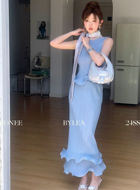 ZONEE/LEA宋亦雯 贝壳仙子蓝色小叮当!法式精致时髦弹力冰蓝套装