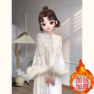 加绒加厚新中式女装国风长裙配大衣内搭超好看白色蕾丝连衣裙子女