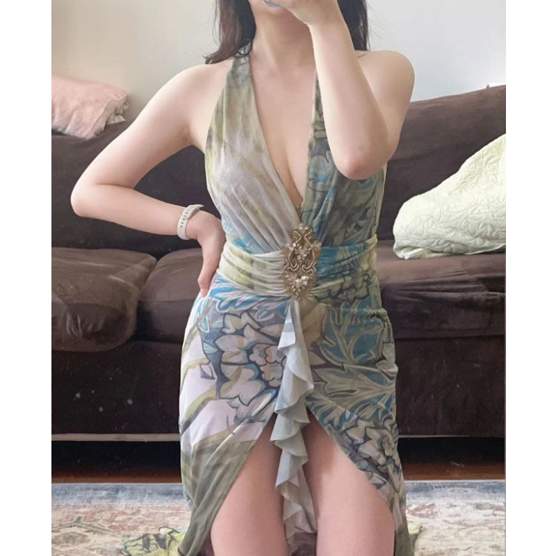 性辣妹感复古印花串珠低