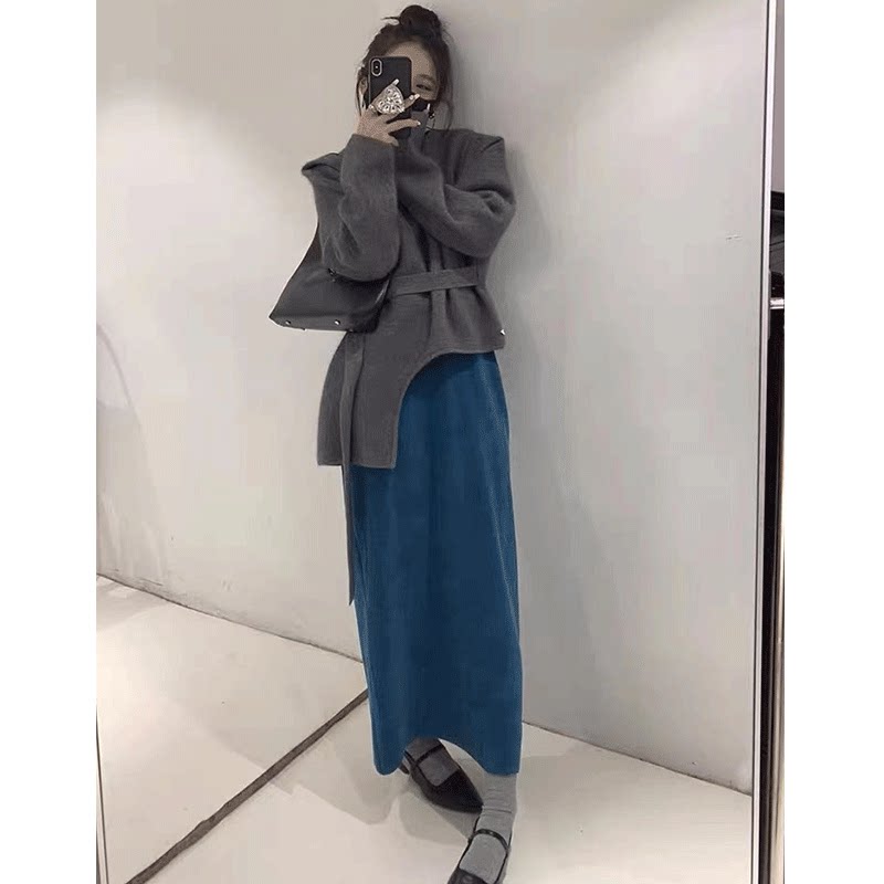 秋冬装搭配一整套小个子显高套装韩剧穿搭灰色上衣半身裙两件套女