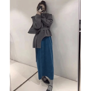 秋冬装搭配一整套小个子显高套装韩剧穿搭灰色上衣半身裙两件套女