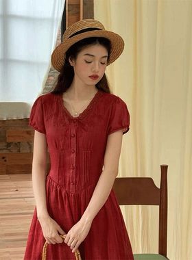“巴黎诗篇”纯苎麻红色古典优雅气质显白刺绣长款连衣裙