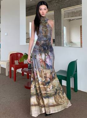 欧洲油画复古印花辣妹修