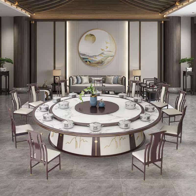 轻奢电动餐桌自动超大圆桌实木岩板别墅会所酒店商用家用火锅桌子