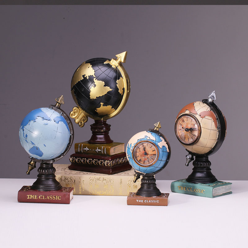欧式复古钟表地球仪摆件工艺品摆设创意家居P酒柜装饰品客厅道具