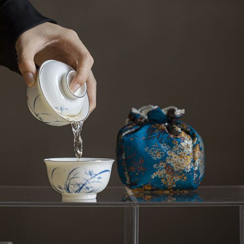 旅行盖碗青花手绘一人饮陶瓷茶具兰花快客杯O套装旅行茶具便携茶