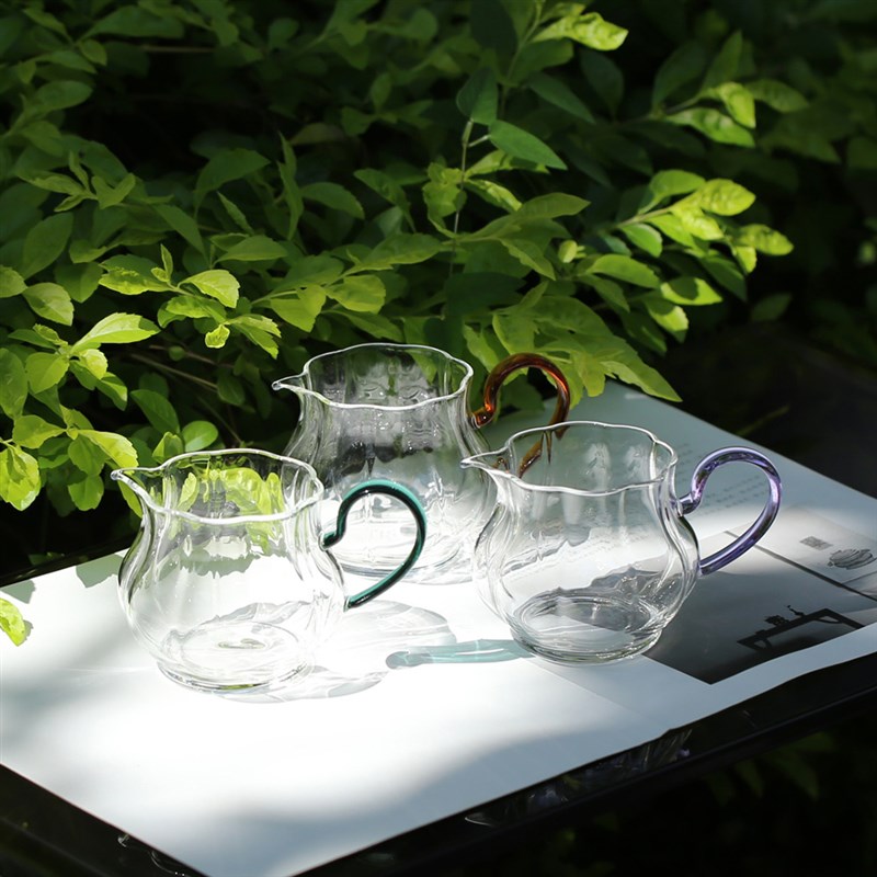 夏禾茶具a瓜棱公道杯透明耐热高硼硅玻璃带把公杯功夫茶分茶器茶