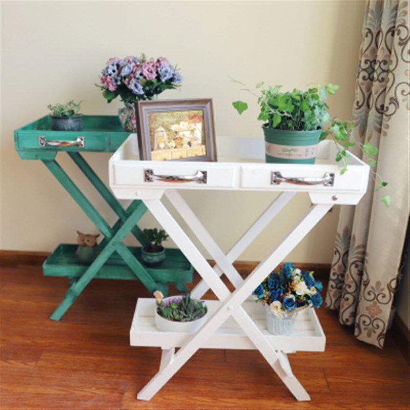 美式田园实木e桌台收纳花架 阳台地面复古置物架 清新多肉植物花