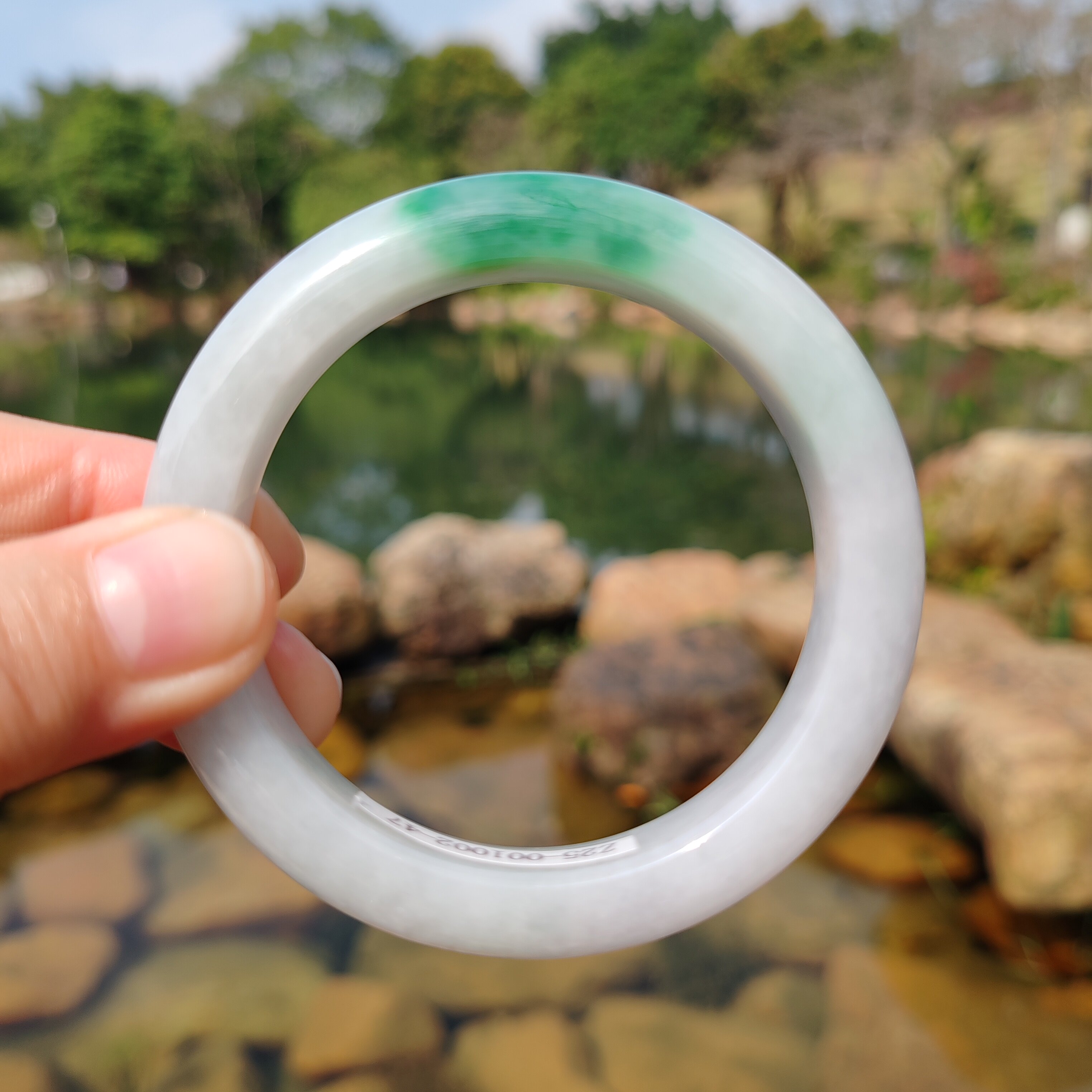 56圈天然缅甸翡翠A货白底青飘阳绿手镯细糯种玉石手镯女款新年礼