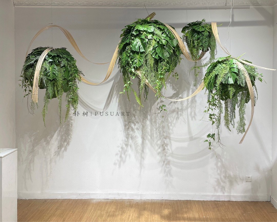 现代自然风悬吊枯枝绿植竹编艺术装置酒店会所样板间展厅软装创意
