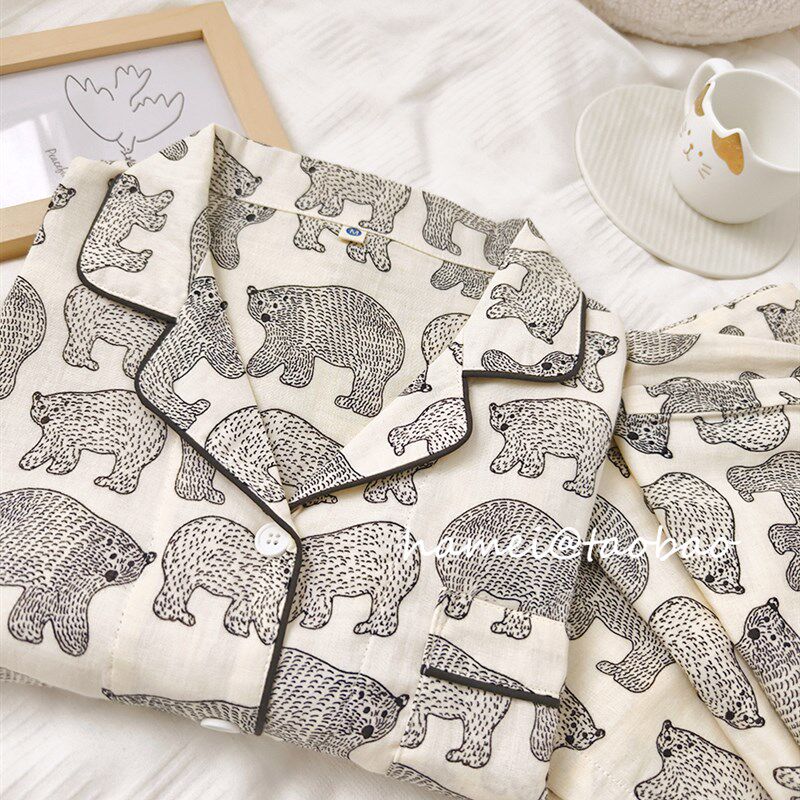 【可爱北极熊】纯棉双层纱布可爱情侣男女款长袖长裤睡衣套装春夏