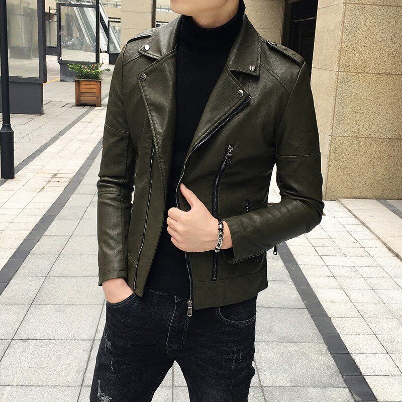 秋冬潮流修身翻领皮衣男短款夹克韩版青少年学生帅气拉链百搭外套