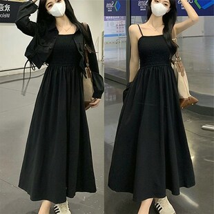 大码女装胖mm春秋吊带连衣裙套装长袖短款开衫外套长款裙子两件套