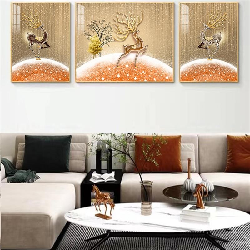 客厅装饰画晶瓷轻奢高高档大气立体三联沙发好寓意背W景墙麋鹿挂图片