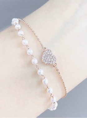 微镶锆石韩版时尚手链女珍珠手镯时尚学生礼物桃心手饰品源头工厂