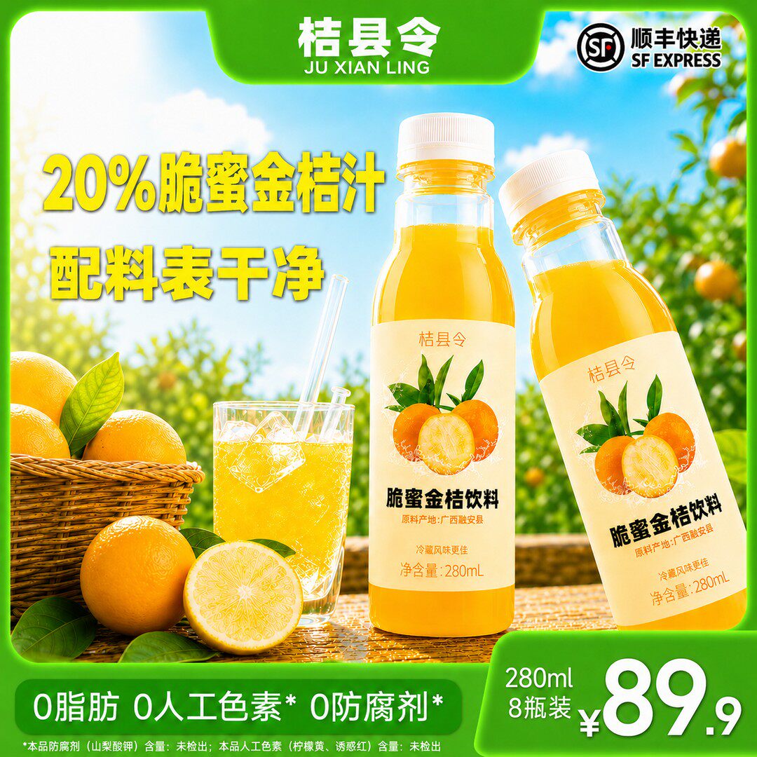 融安脆密金桔汁脆蜜金桔饮料鲜果萃取脆蜜金柑果汁280ml*8瓶