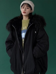 2023秋冬新款棉服女中长款大毛领加绒加厚派克服工装宽松外套