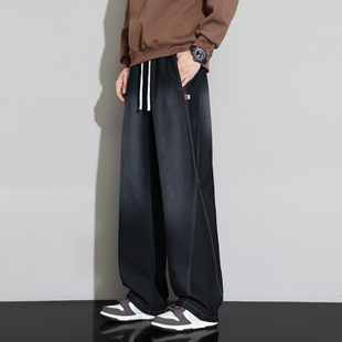 2025弯刀牛仔裤男直筒宽松阔腿青少年大码加肥加大松紧腰弹力裤子
