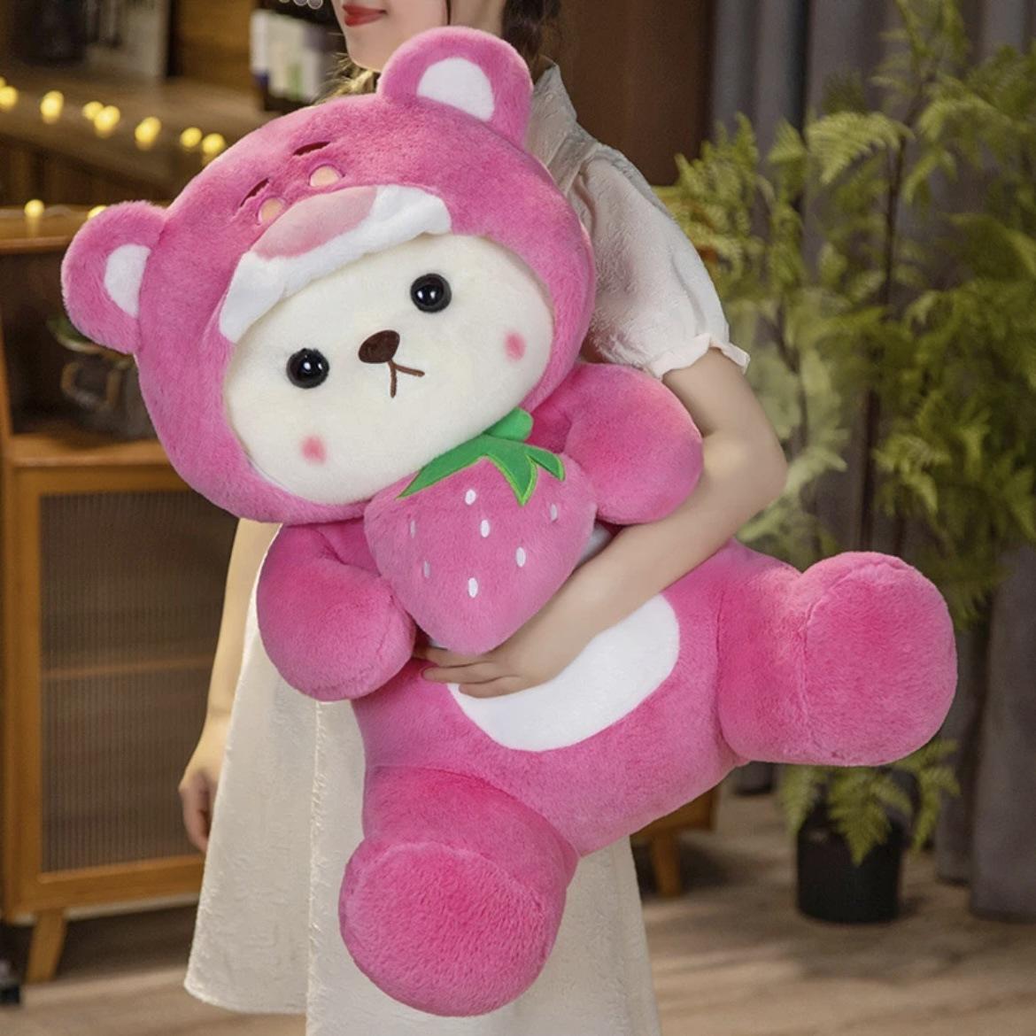 草莓小熊布娃娃毛绒玩具带帽变身熊公仔布娃娃睡觉抱枕情人节礼物